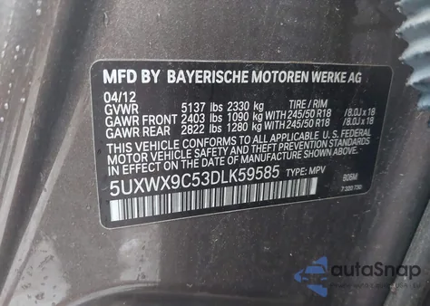 2013 BMW X3 xDrive28I из США, поврежденный, VIN 5UXWX9C53DLK59585